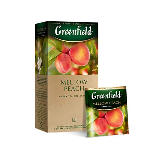Greenfield Mellow Peach, Aromatisierter Grüner Tee, Mandarine, Pfirsich, Rose, 25 Doppelkammer-Teebeutel mit Etiketten in Folienbeuteln, (25 x 1,8 g), 45g [4 Stück] von Greenfield