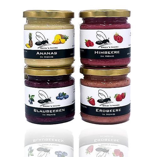 Gregas Imkerei 4er Frucht im Honig Set – Honigsüßer Aufstrich aus Familienimkerei mit gefriergetrockneten Früchten – ideales Probier- & Geschenkset | 4x 250g (Erdbeere, Blaubeere, Ananas & Himbeere) von Grega´s Imkerei