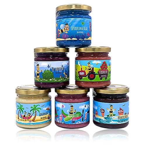 Gregas Imkerei 6er Familyhonig Set – Honigsüßer Brotaufstrich direkt aus Familienimkerei mit gefriergetrockneten Früchten & Kakaopulver verfeinert – ideal als Probier- & Geschenkset | 6x 250g von Grega´s Imkerei