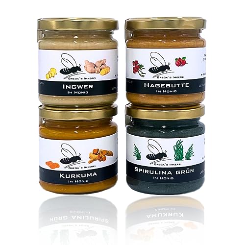 Gregas Imkerei Honig 4er Immubox – Cremiger Bienenhonig aus Familienimkerei mit Ingwer, Hagebutte, Spirulina Grün & Kurkuma verfeinert – Probier- & Geschenkset | 4x 250g Gregas Imkerei Honig 4er Immubox – Cremiger Bienenhonig aus Familienimkerei mit Ingwer, Hagebutte, Spirulina Grün & Kurkuma verfeinert – Probier- & Geschenkset | 4x 250g von Grega´s Imkerei