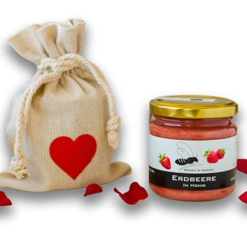 Gregas Imkerei Honig - Leinensäckchen mit Herz und Honig deiner Wahl - Das perfekte Geschenk- ideal als Mitbringsel zu Muttertag, Vatertag & Valentinstag (Erdbeere im Honig) von Grega´s Imkerei