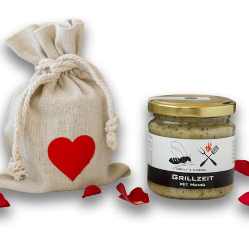 Gregas Imkerei Honig - Leinensäckchen mit Herz und Honig deiner Wahl - Das perfekte Geschenk- ideal als Mitbringsel zu Muttertag, Vatertag & Valentinstag (Grillzeit mit Honig) von Grega´s Imkerei