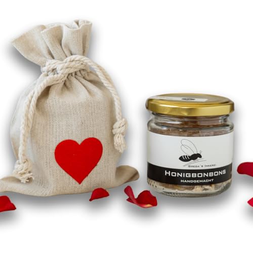 Gregas Imkerei Honig - Leinensäckchen mit Herz und Honig deiner Wahl - Das perfekte Geschenk- ideal als Mitbringsel zu Muttertag, Vatertag & Valentinstag (Honigbonbons 120g) von Grega´s Imkerei