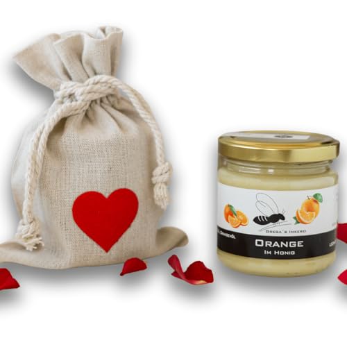 Gregas Imkerei Honig - Leinensäckchen mit Herz und Honig deiner Wahl - Das perfekte Geschenk- ideal als Mitbringsel zu Muttertag, Vatertag & Valentinstag (Orange im Honig) von Grega´s Imkerei