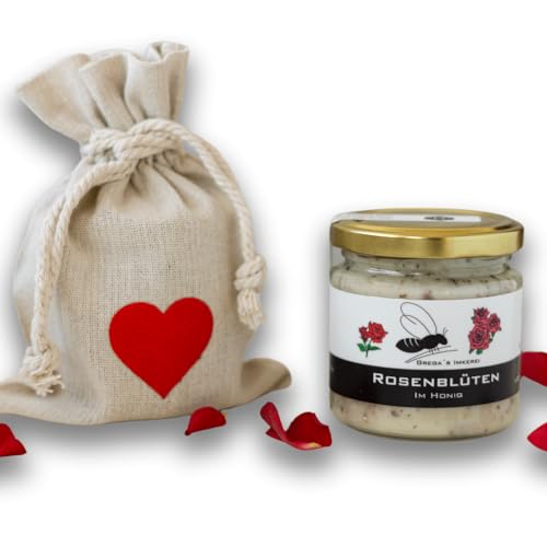 Gregas Imkerei Honig - Leinensäckchen mit Herz und Honig deiner Wahl - Das perfekte Geschenk- ideal als Mitbringsel zu Muttertag, Vatertag & Valentinstag (Rosenblüten im Honig) von Grega´s Imkerei