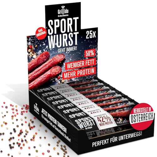 Grillido Sportwurst 25x – Protein Snack Original 625g aus Schweinefleisch | Low Fat Salami mit 42% Eiweiß | Alternative zu Mini-Salami & Beef Jerky | Hochwertiger Fleisch-Snack für Sport & Fitness Grillido Sportwurst 25x – Protein Snack Original 625g aus Schweinefleisch | Low Fat Salami mit 42% Eiweiß | Alternative zu Mini-Salami & Beef Jerky | Hochwertiger Fleisch-Snack für Sport & Fitness von Grillido