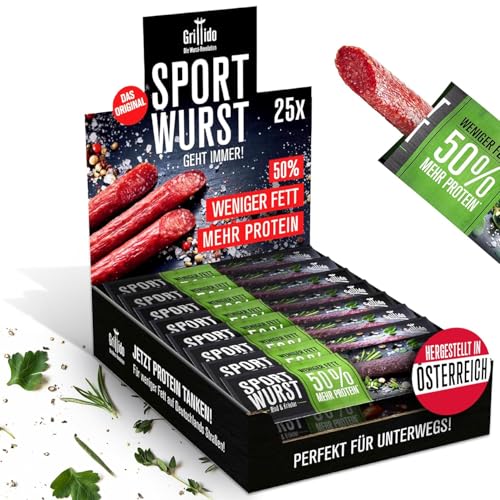 Grillido Sportwurst 25x – Protein Snack aus Rind & Kräutern (500g) | Low Fat Salami mit 39% Eiweiß | Alternative zu Mini-Salami & Beef Jerky | Hochwertiger Fleisch-Snack für Sport & Fitness von Grillido