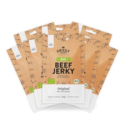 Grizzly Foods BIO Beef Jerky Original 30g (8er Pack) - Bio-Trockenfleisch ohne Zusatzstoffe - High Protein Snack - Ideal für Unterwegs, Büro, Sport von Grizzly Foods