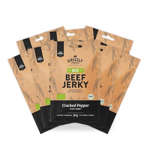 Grizzly Foods BIO Beef Jerky Original - Bio-Trockenfleisch ohne Zusatzstoffe - High Protein Snack - Ideal für Unterwegs, Büro, Sport (30g (8er Pack), Cracked Pepper) von Grizzly Foods