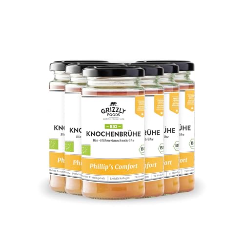 Grizzly Foods • BIO Hühnerknochenbrühe (6 x 240ml) • 10g Kollagen pro Glas • 72 Stunden lang gekocht • 100% natürlich • Ohne Zucker, ohne Zusätze • Wertvolle Nährstoffe • Bone Broth • Knochenbrühe von Grizzly Foods