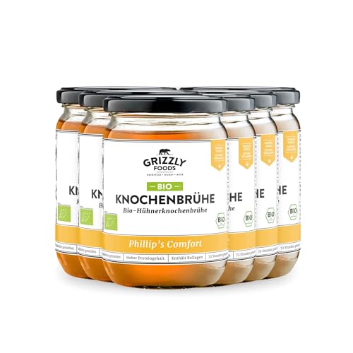 Grizzly Foods • BIO Hühnerknochenbrühe (6 x 500ml) • 20g Kollagen pro Glas • 72 Stunden lang gekocht • 100% natürlich • Ohne Zucker, ohne Zusätze • Wertvolle Nährstoffe • Bone Broth • Knochenbrühe von Grizzly Foods