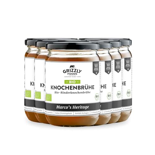 Grizzly Foods • BIO Rinderknochenbrühe (6 x 500ml) • 25g Kollagen pro Glas • 72 Stunden lang gekocht • 100% natürlich • Ohne Zucker, ohne Zusätze • Wertvolle Nährstoffe • Bone Broth • Knochenbrühe von Grizzly Foods