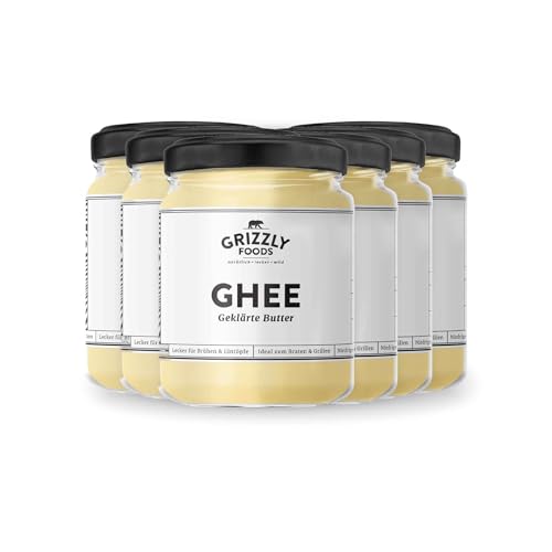 Grizzly Foods • Ghee (6 x 385g) • 100% natürlich • Hoher Rauchpunkt • Ohne Zusätze • Ideal zum Braten, Backen & Frittieren • Cremige Textur & buttrig-nussiges Aroma • Clarified Butter von Grizzly Foods