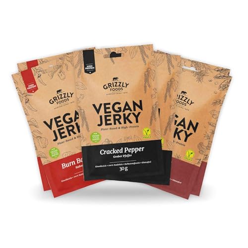 Grizzly Foods • Vegan Jerky 3 Sorten Probierset (6 x 30g) • Pflanzliches Beef Jerky • Veganes Trockenfleisch • High Protein Snack • Ideal für Unterwegs, Büro, Sport von Grizzly Foods