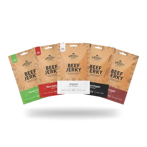 Grizzly Foods • Beef Jerky Probierpaket mit 5 Sorten (5 x 50g) • Trockenfleisch von deutschen Rindern • High Protein Snack • Ideal für Unterwegs, Büro, Sport von Grizzly Foods