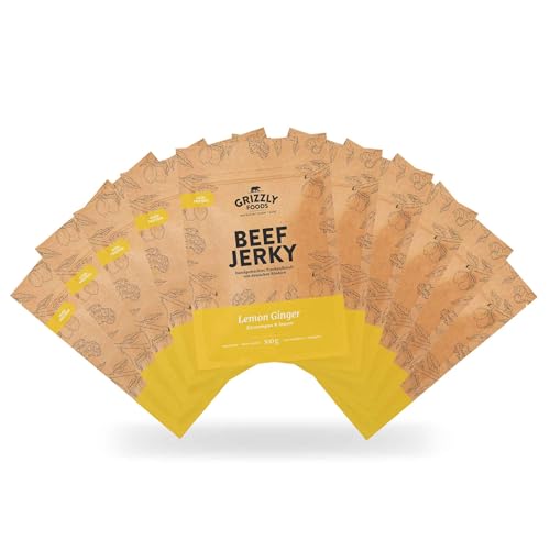 Grizzly Foods • Beef Jerky Lemon Ginger (10 x 100g) • Trockenfleisch von deutschen Rindern • High Protein Snack • Ideal für Unterwegs, Büro, Sport von Grizzly Foods