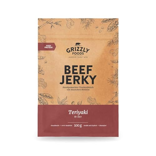 Beef Jerky • Deutsches Rindfleisch • Rinder-Trockenfleisch • 10er-Pack • Teriyaki • (10 x 100g = 1kg) von Grizzly Snacks