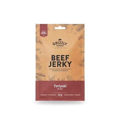 Beef Jerky • Deutsches Rindfleisch • Rinder-Trockenfleisch • 10er-Pack • Teriyaki • (10 x 50g = 500g) von Grizzly Snacks