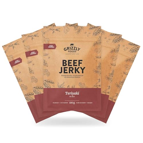 Grizzly Foods • Beef Jerky Teriyaki (5 x 100g) • Trockenfleisch von deutschen Rindern • High Protein Snack • Ideal für Unterwegs, Büro, Sport von Grizzly Foods