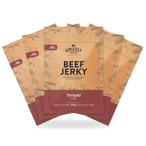 Beef Jerky • Deutsches Rindfleisch • Rinder-Trockenfleisch • 5er-Pack • Teriyaki • (5 x 100g = 500g) von Grizzly Snacks