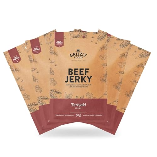 Beef Jerky • Deutsches Rindfleisch • Rinder-Trockenfleisch • 5er-Pack • Teriyaki • (5 x 50g = 250g) von Grizzly Snacks