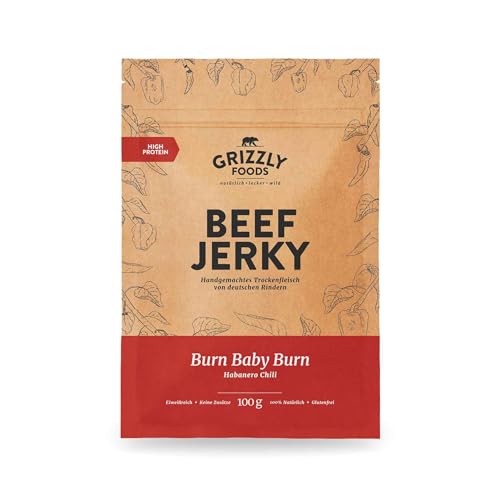 Grizzly Foods • Beef Jerky Burn Baby Burn (10 x 100g) • Trockenfleisch von deutschen Rindern • High Protein Snack • Ideal für Unterwegs, Büro, Sport von Grizzly Foods