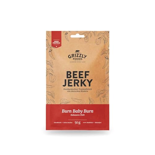 Grizzly Foods • Beef Jerky Burn Baby Burn (10 x 50g) • Trockenfleisch von deutschen Rindern • High Protein Snack • Ideal für Unterwegs, Büro, Sport von Grizzly Foods