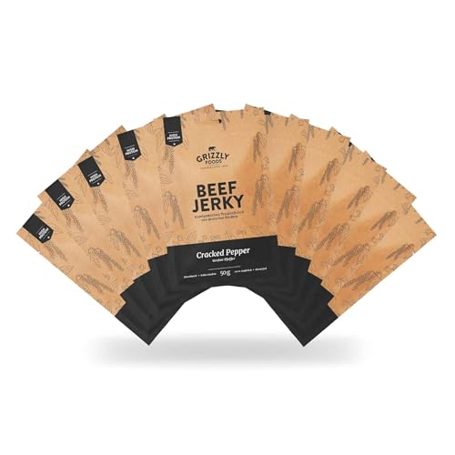 Beef Jerky • Deutsches Rindfleisch • Trockenfleisch vom Rind im Set • 10er-Pack • Cracked Pepper • (10 x 50g = 500g) von Grizzly Snacks