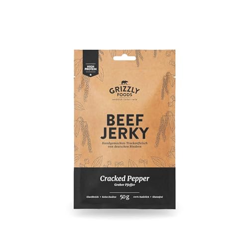 Grizzly Foods • Beef Jerky Cracked Pepper (5 x 50g) • Trockenfleisch von deutschen Rindern • High Protein Snack • Ideal für Unterwegs, Büro, Sport von Grizzly Foods