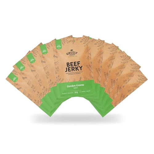 Grizzly Foods • Beef Jerky Garden Greens (10 x 50g) • Trockenfleisch von deutschen Rindern • High Protein Snack • Ideal für Unterwegs, Büro, Sport von Grizzly Foods