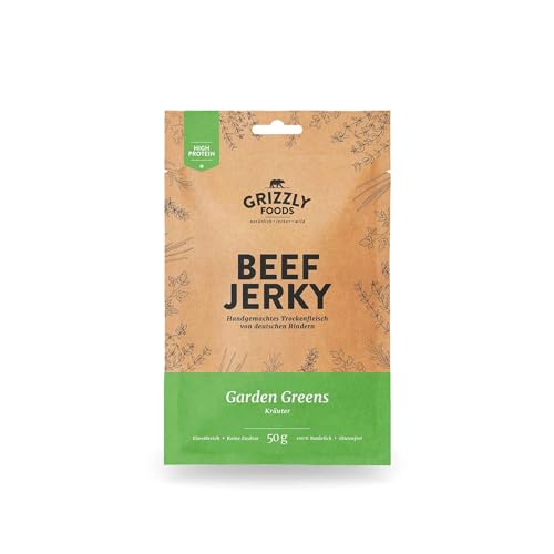Grizzly Foods • Beef Jerky Garden Greens (5 x 50g) • Trockenfleisch von deutschen Rindern • High Protein Snack • Ideal für Unterwegs, Büro, Sport von Grizzly Foods