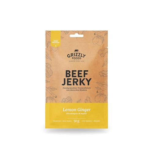 Beef Jerky • Deutsches Rindfleisch • Trockenfleisch vom Rind im Set • 10er-Pack • Lemon Ginger • (10 x 50 g = 500 g) von Grizzly Snacks