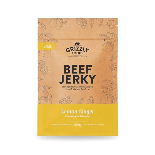 Grizzly Foods • Beef Jerky Lemon Ginger (5 x 100g) • Trockenfleisch von deutschen Rindern • High Protein Snack • Ideal für Unterwegs, Büro, Sport von Grizzly Foods