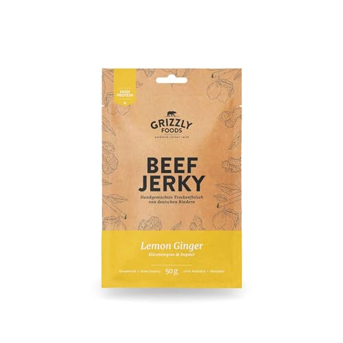 Grizzly Foods • Beef Jerky Lemon Ginger (5 x 50g) • Trockenfleisch von deutschen Rindern • High Protein Snack • Ideal für Unterwegs, Büro, Sport von Grizzly Foods