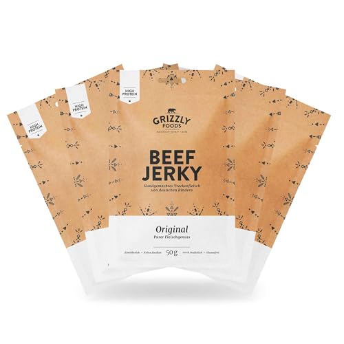 Beef Jerky • Deutsches Rindfleisch • Trockenfleisch vom Rind im Set • 5er-Pack • Original • (5 x 50g = 250g) von Grizzly Snacks