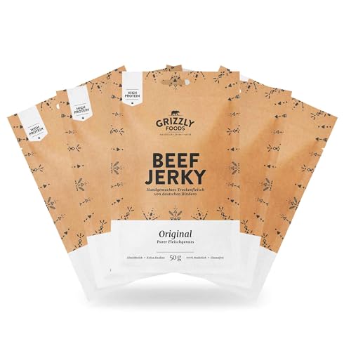 Grizzly Foods • Beef Jerky Original (5 x 50g) • Trockenfleisch von deutschen Rindern • High Protein Snack • Ideal für Unterwegs, Büro, Sport von Grizzly Foods
