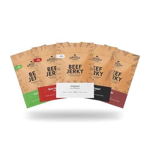 Grizzly Foods • Beef Jerky Probierpaket mit 5 Sorten (5 x 100g) • Trockenfleisch von deutschen Rindern • High Protein Snack • Ideal für Unterwegs, Büro, Sport von Grizzly Foods