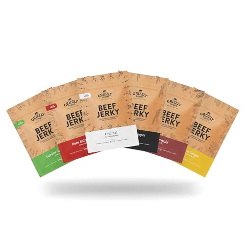 Grizzly Foods • Beef Jerky Probierpaket mit 6 Sorten (6 x 100g) • Trockenfleisch von deutschen Rindern • High Protein Snack • Ideal für Unterwegs, Büro, Sport von Grizzly Foods