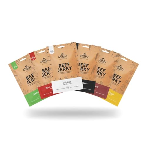 Grizzly Foods • Beef Jerky Probierpaket mit 6 Sorten (6 x 50g) • Trockenfleisch von deutschen Rindern • High Protein Snack • Ideal für Unterwegs, Büro, Sport von Grizzly Foods