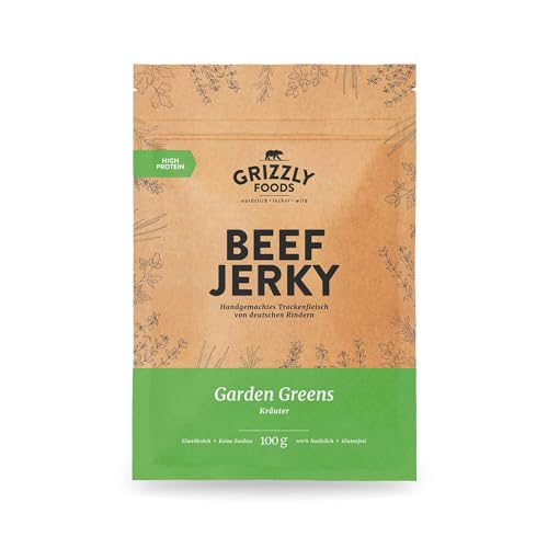 Grizzly Foods • Beef Jerky Garden Greens (10 x 100g) • Trockenfleisch von deutschen Rindern • High Protein Snack • Ideal für Unterwegs, Büro, Sport von Grizzly Foods