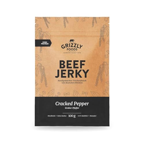 Grizzly Foods • Beef Jerky Cracked Pepper (5 x 100g) • Trockenfleisch von deutschen Rindern • High Protein Snack • Ideal für Unterwegs, Büro, Sport von Grizzly Foods