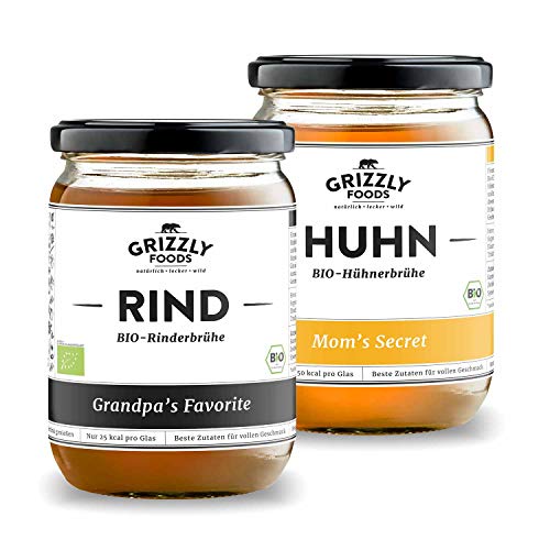 Grizzly Foods • BIO Brühe Rind + Huhn Probierpaket (6 x 500ml) • 100% natürlich • Ohne Zucker & Geschmacksverstärker • Lange gekocht • Wertvolle Nährwerte • Fleischbrühe, Fond, Bouillon von Grizzly Foods