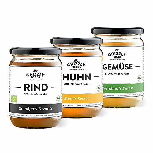 Grizzly Foods • BIO Brühe Rind + Huhn + Gemüse Probierpaket (6 x 500ml) • 100% natürlich • Ohne Zucker & Geschmacksverstärker • Lange gekocht • Wertvolle Nährwerte • Fleischbrühe, Fond, Bouillon von Grizzly Foods