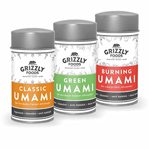 Umami Gewürze • Set: 1x Classic + 1x Burning + 1x Green • Ideal zu allen Gerichten • Kräutermischung • Chilimischung • Fleischgewürz • Gewürzmischung • Grillgewürz von Grizzly Snacks