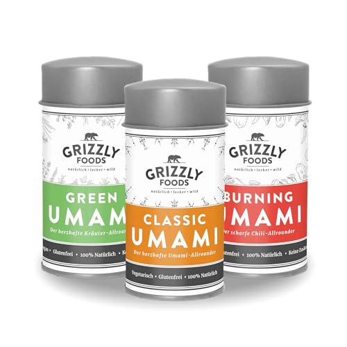 Umami Gewürze • Set: 1x Classic + 1x Burning + 1x Green • Ideal zu allen Gerichten • Kräutermischung • Chilimischung • Fleischgewürz • Gewürzmischung • Grillgewürz von Grizzly Snacks