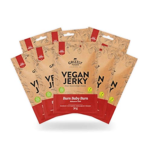 Grizzly Foods • Vegan Jerky Burn Baby Burn (8 x 30g) • Pflanzliches Beef Jerky • Veganes Trockenfleisch • High Protein Snack • Ideal für Unterwegs, Büro, Sport von Grizzly Foods