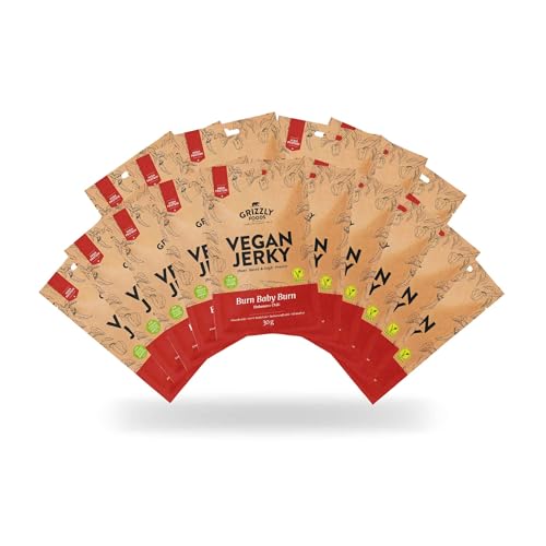 Grizzly Foods • Vegan Jerky Burn Baby Burn (16 x 30g) • Pflanzliches Beef Jerky • Veganes Trockenfleisch • High Protein Snack • Ideal für Unterwegs, Büro, Sport von Grizzly Foods