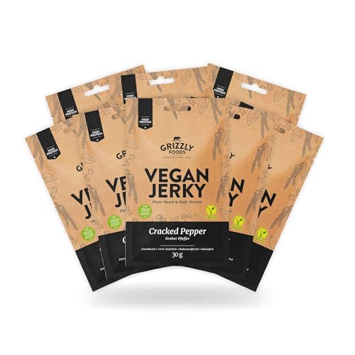 Grizzly Foods • Vegan Jerky Cracked Pepper (8 x 30g) • Pflanzliches Beef Jerky • Veganes Trockenfleisch • High Protein Snack • Ideal für Unterwegs, Büro, Sport von Grizzly Foods