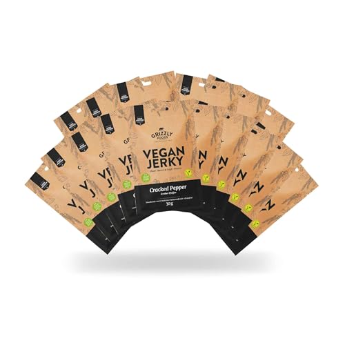 Grizzly Foods • Vegan Jerky Cracked Pepper (16 x 30g) • Pflanzliches Beef Jerky • Veganes Trockenfleisch • High Protein Snack • Ideal für Unterwegs, Büro, Sport von Grizzly Foods
