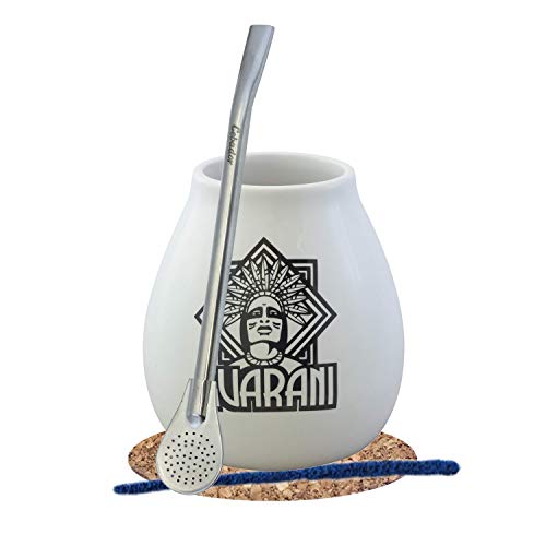 Mate Tee Starter Set | Set für Anfänger | Weisser Keramischer Mate Tee 350 ml | Bombilla aus Edelstahl | Korkuntersetzer| Reiniger | Produkt von Cebador von Guarani